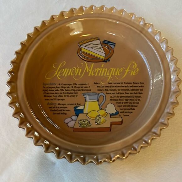Lemon Meringue Pie Baking Dish Recipe 11 In X 1 1/2 In Brown Yellow Crimped Edge - Picture 1 of 8